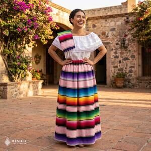 Traditional Mexican Sarape Dress Set, 3 Piece Outfit with Blouse, Skirt & Rebozo